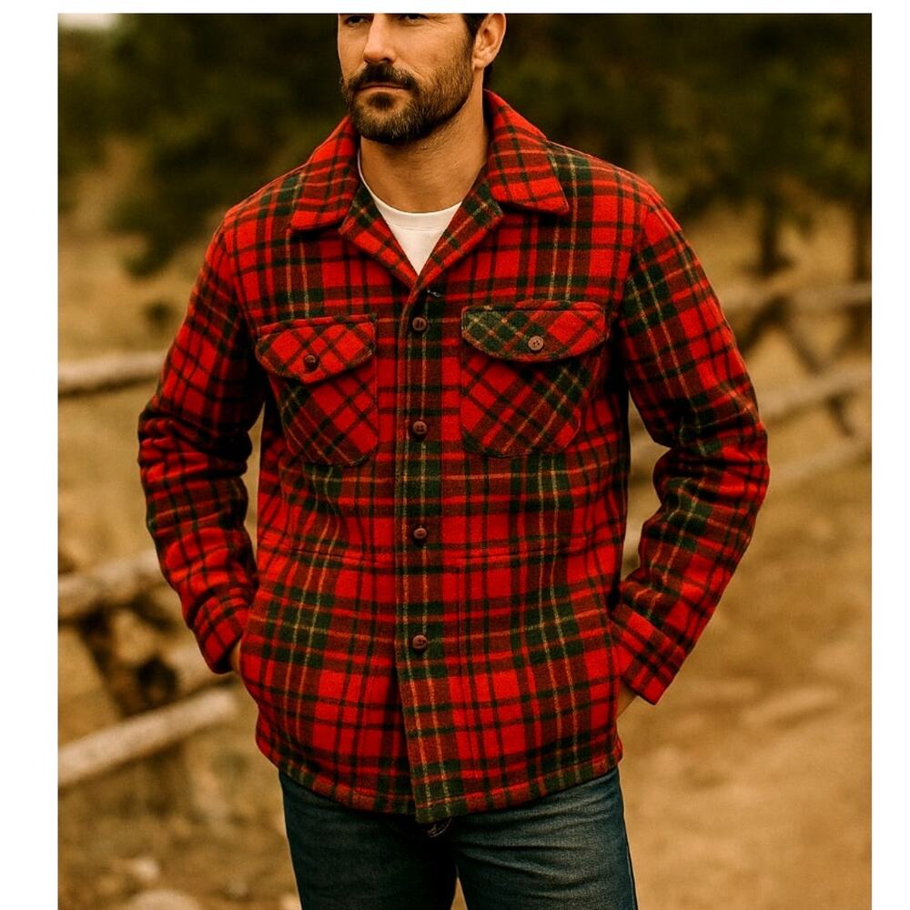Huckberry Vintage L Wool Plaid Barn Coat $450 Shearling Chore Jacket Red 42 - Picture 3 of 9